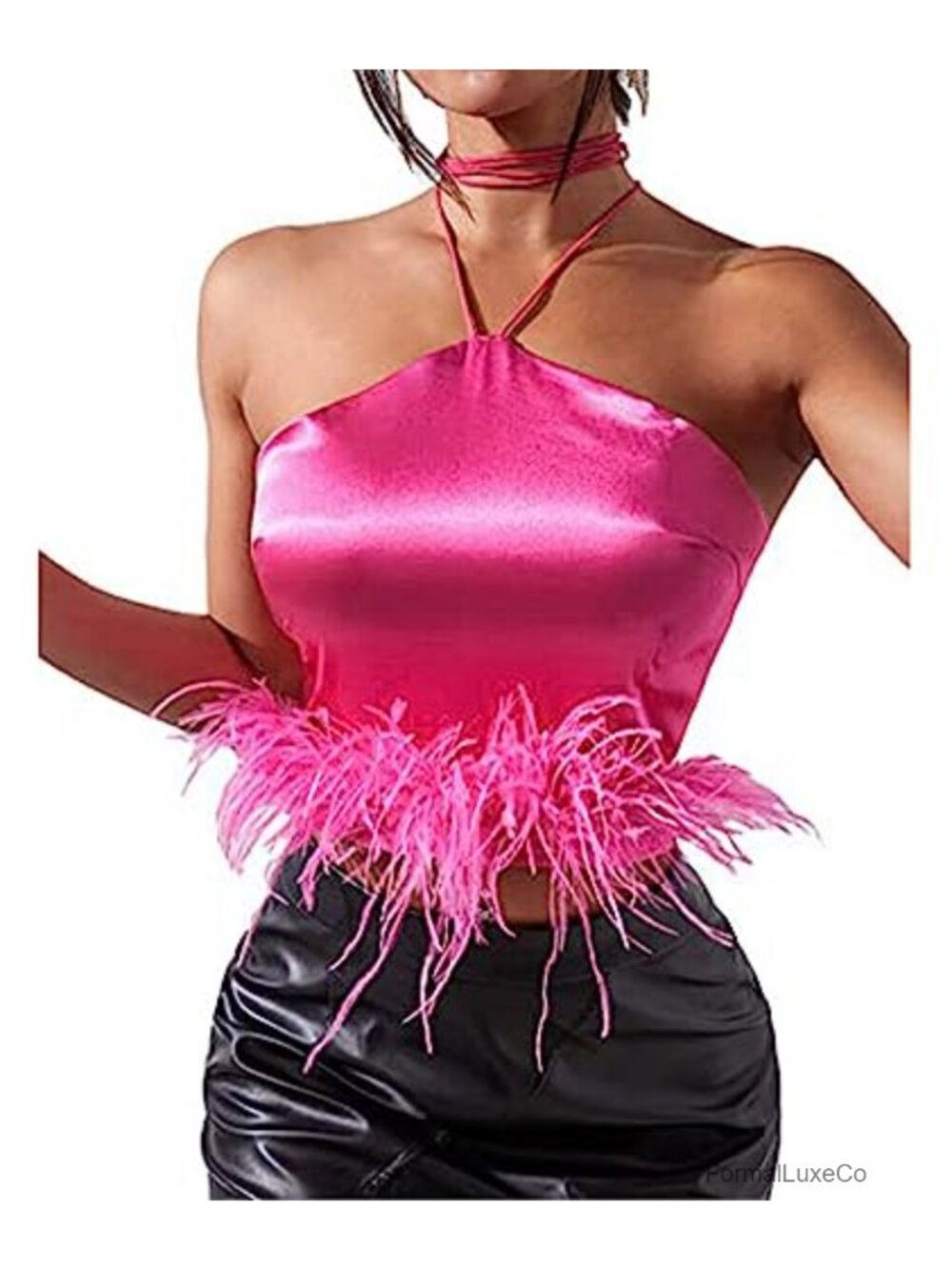 Women's Satin Halter Crop Top Faux Feather Trim Open Back Tank Shirt
